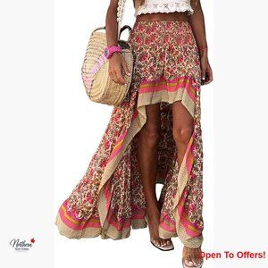 Floral Print Maxi Skirt with Elastic Waist and High Low Ruffle Hem